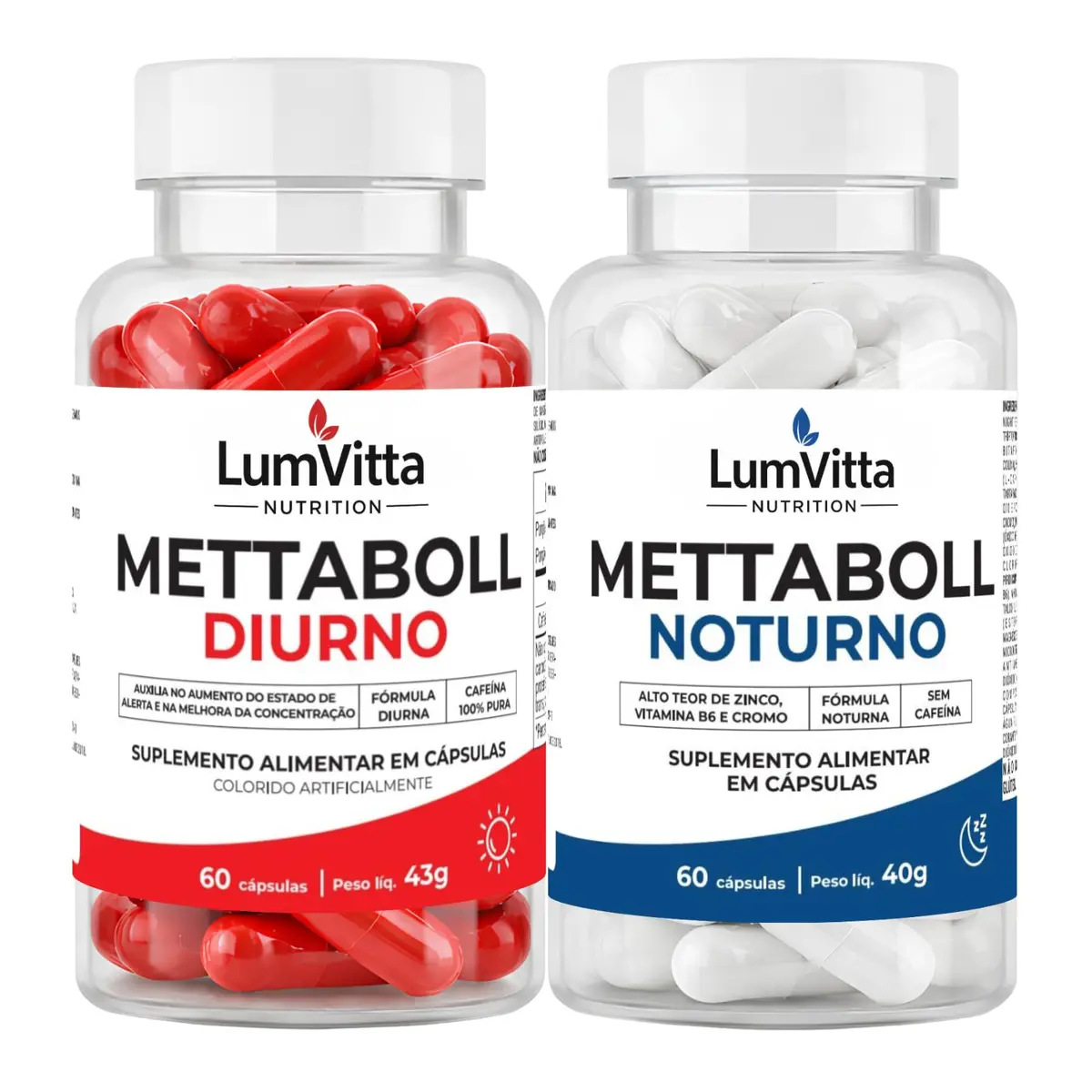 Kit Metabolismo Dia e Noite Termogênico Mettaboll Cafeína 400mg Carnitina Picolinato de Cromo Triptofano 60 Cáps - Matéria Prima Premium