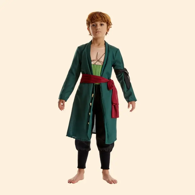 Figuras de anime roronoa zoro cosplay traje uniforme casaco verde calças lenço de cabeça roronoa zoro peruca brincos roupas masculinas de halloween - 1