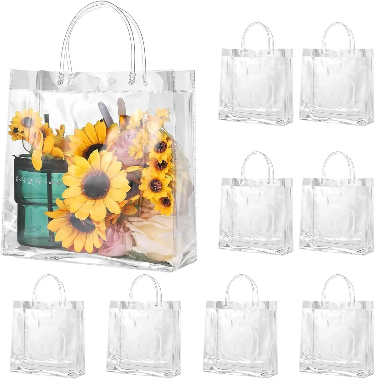 50 Sacola de Presente de Plástico Transparente com Alça | Sacola de Plastico Transparente, Sacolinhas para Lembrancinhas, Sacola PVC, Reutilizável para Festas e Eventos (20X20X8Cm)