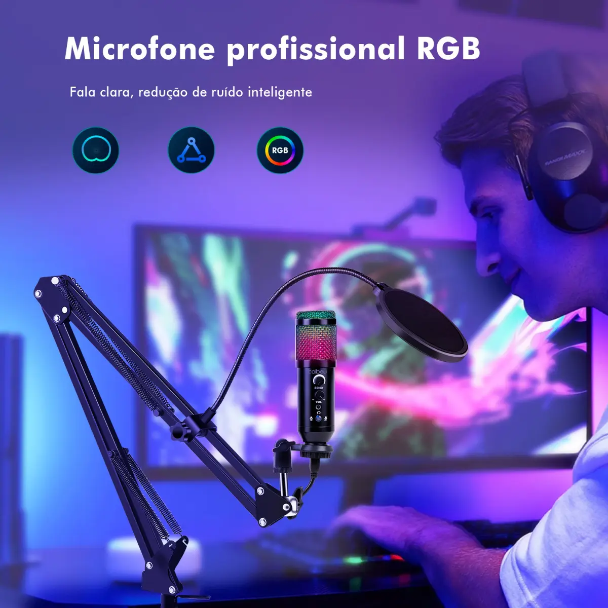 RGB Microfone, Braço Articulado Microfone,Microfone Condensador, Microfone De Mesa Pc, Microfone Gamer, Controle Pc, Coibeu