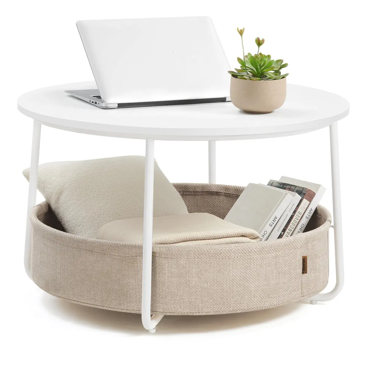 VASAGLE Mesa de Centro para Sala, Mesa Redonda com Cesta de Tecido | Centro de Sala Estilo Contemporâneo, Estrutura de Metal, Branco Fosco e Bege Claro, Coleção LILEA, LCT244W10