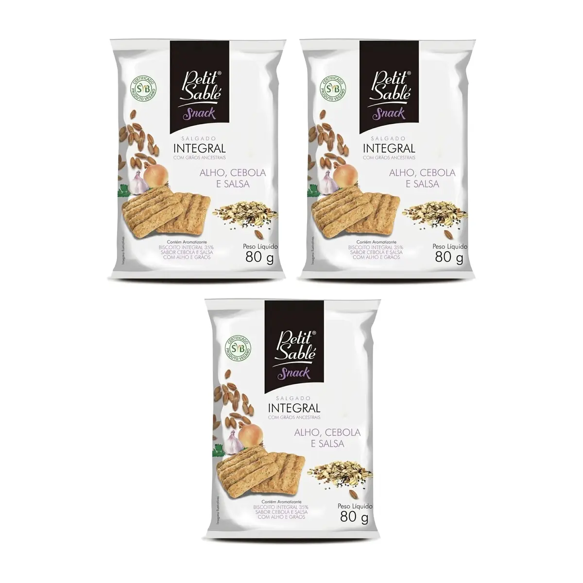 Petit Sablé Kit 3 Snack Integral Salgado Alho, Cebola e Salsa 80g