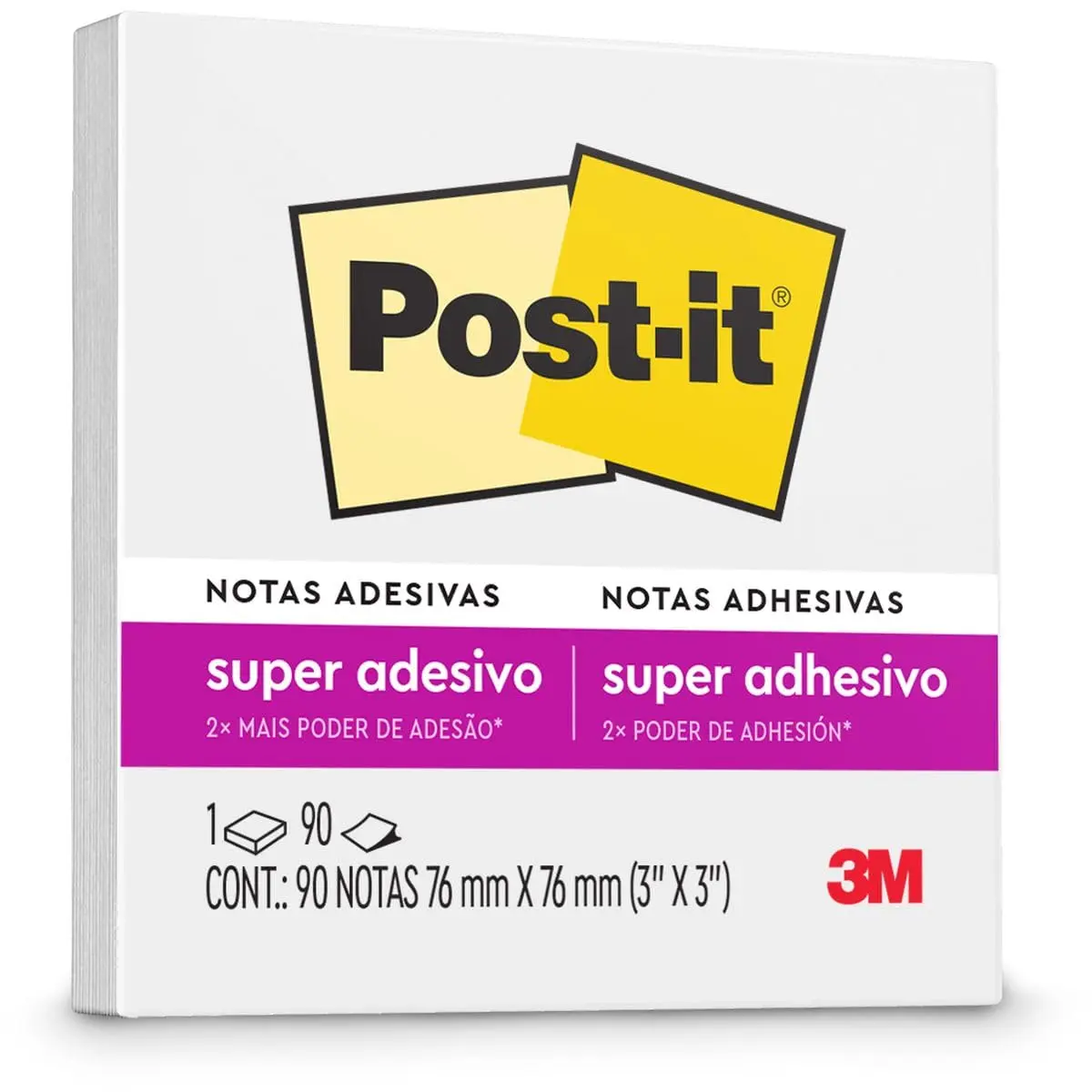 POST-IT 3M Bloco de Notas Super Adesivas Branco Neve 90 Folhas | 76 mm x 76 mm, Adesão excelente, Ideais para anotações e recados em superfícies verticais, como paredes, portas, janelas