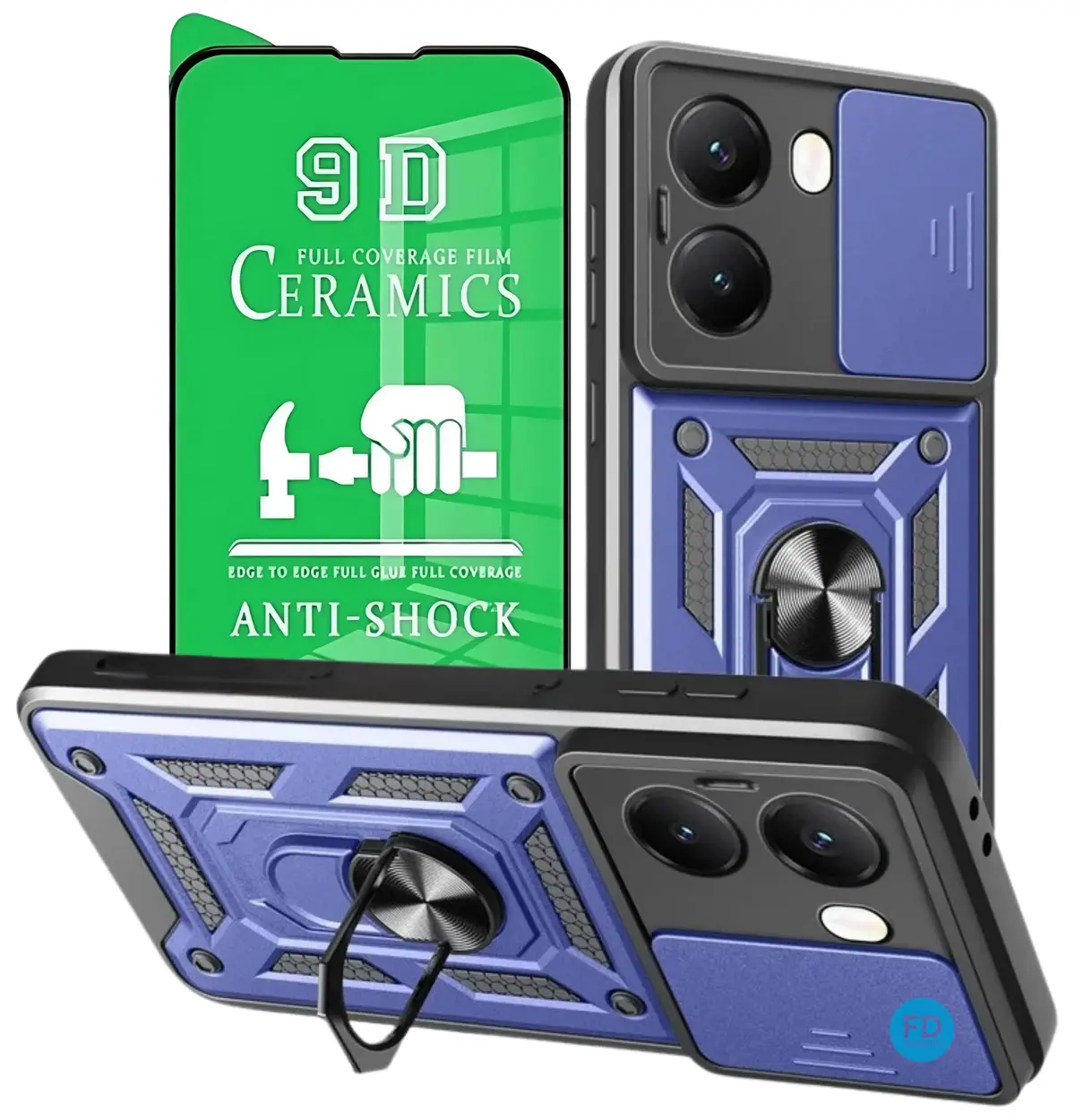 Capinha Capa para Poco X7 Pro com Película em Cerâmica 9D - Case Protetora Anti Impacto Armadura Militar com Suporte de Anel Magnético - FD Acessórios. (Azul)