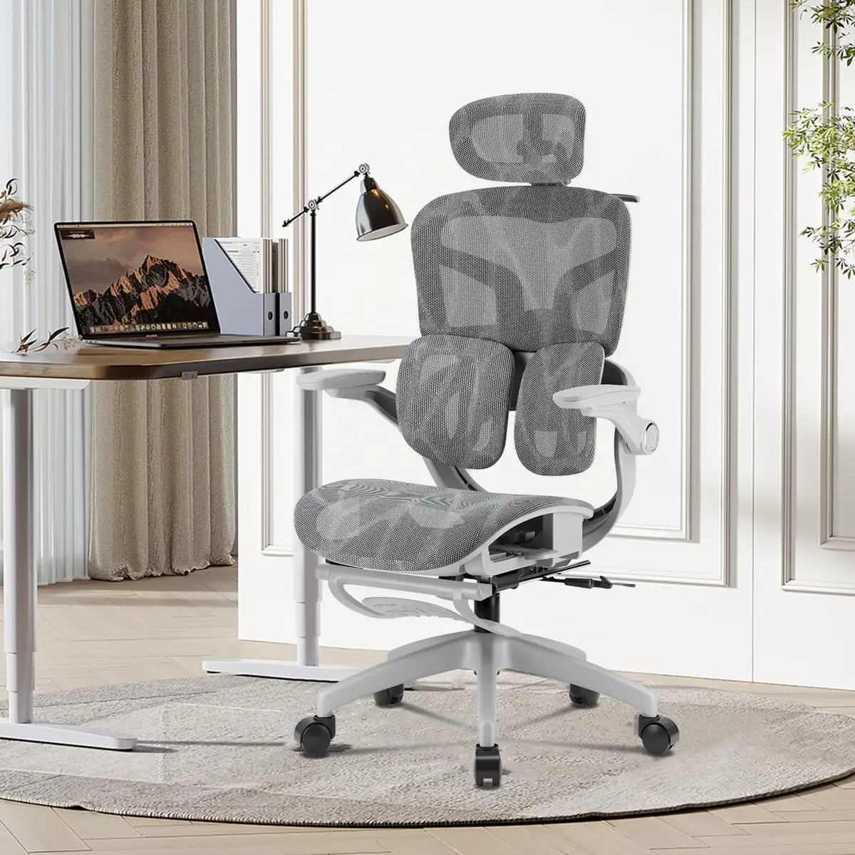 Cadeira de Escritório Ergonômica Testada conforme NR-17, Duplo Apoio Lombar, Assento Deslizante com Ajuste de Profundidade 5cm, Apoio para Pés Retrátil, Reclinável até 135° para Home Office(Cinza) - 1