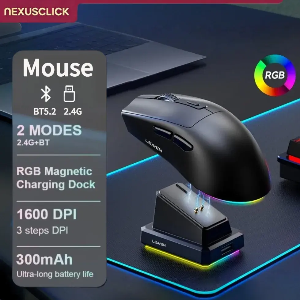 Mouse Gamer Ergonômico Sem Fio NexusClick, Mouse Leve RGB de Modo Duplo com Base de Carregamento Magnética e DPI Ajustável para Desktop - 1