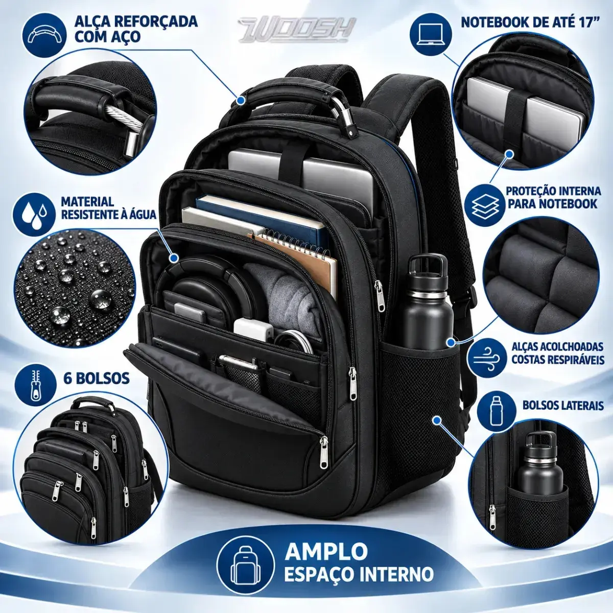 Mochila Masculina Grande Notebook Impermeável Reforçada Woosh thumbnail 3