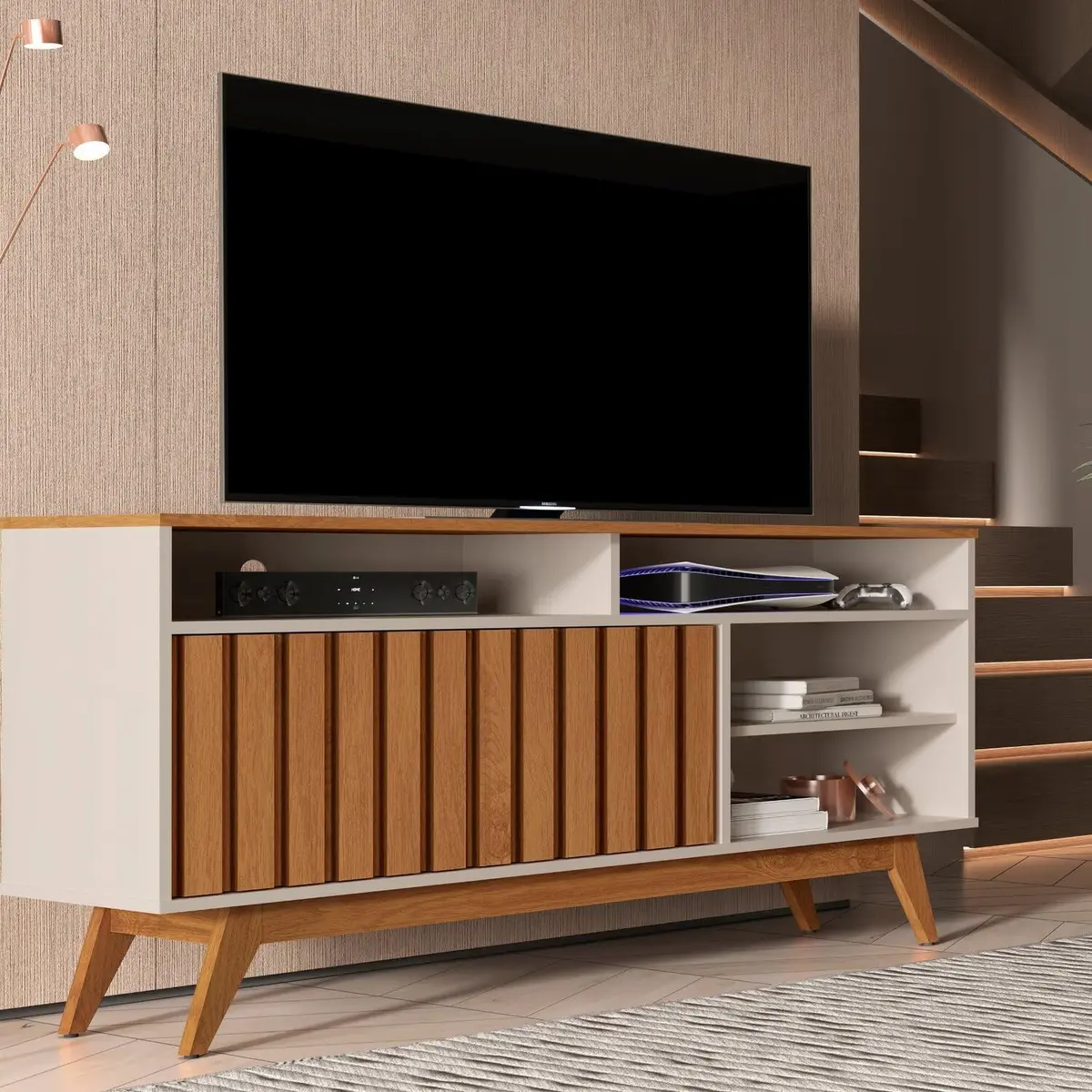 Rack para TV até 50 Polegadas com Ripado Turin Off White/Freijó - 1