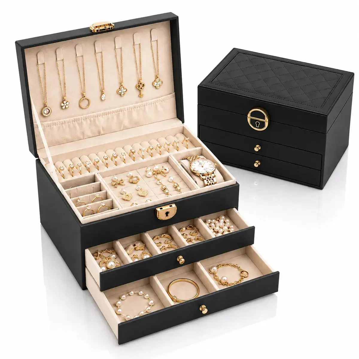 Porta Joias Luxo 3 Andares Com Chave Organizador maleta Anéis Brincos Colares Pulseiras Eps-8240 Cor Preto - 1