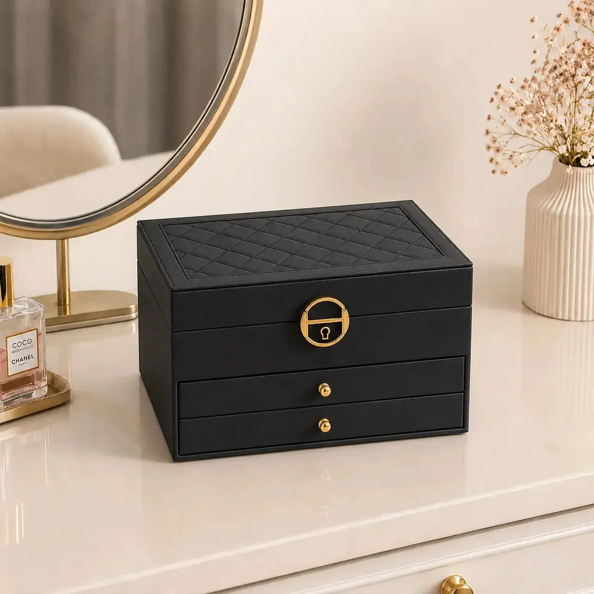 Porta Joias Luxo 3 Andares Com Chave Organizador maleta Anéis Brincos Colares Pulseiras Eps-8240 Cor Preto thumbnail 4
