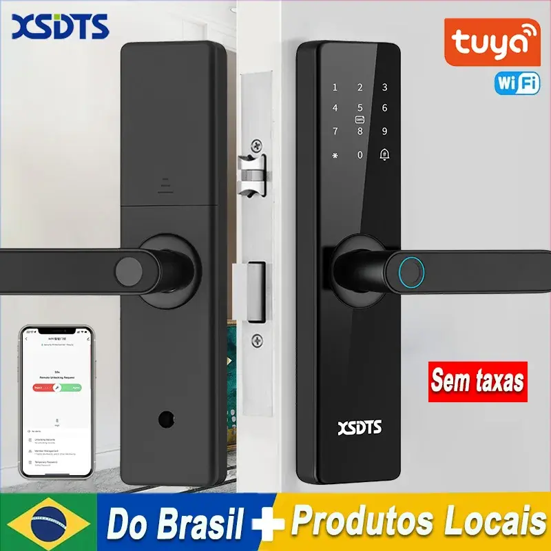 Nova fechadura inteligente eletrônica tuya wifi com impressão digital biométrica cartão inteligente senha chave desbloquear carga de emergência usb de br