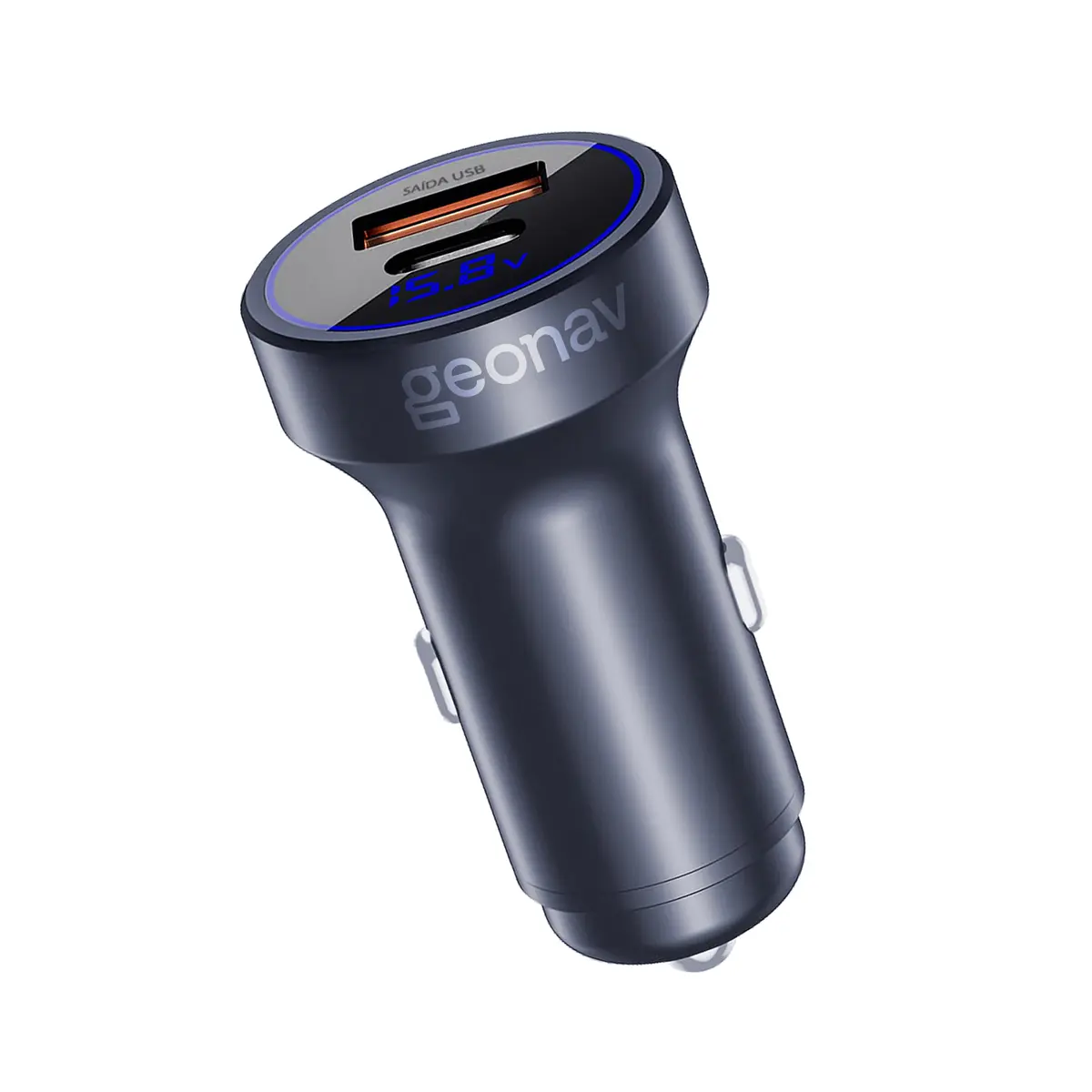 Geonav Carregador Veicular SuperPower Ultrarrápido Duo 38W, 2 portas - 1 USB (18W Quick Charge) e 1 USB-C (20W Power Delivery), CH38PDQC, Alumínio Cinza
