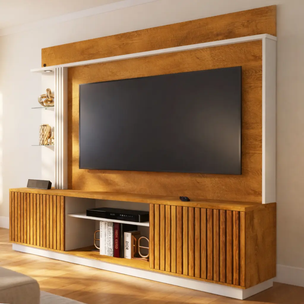 Rack De Tv Com Painel 2 Portas Led Prateleira De Vidro Parla Cor Amadeirado / Off White