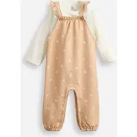 jardineira longa infantil de moletom com body floral bege - 1