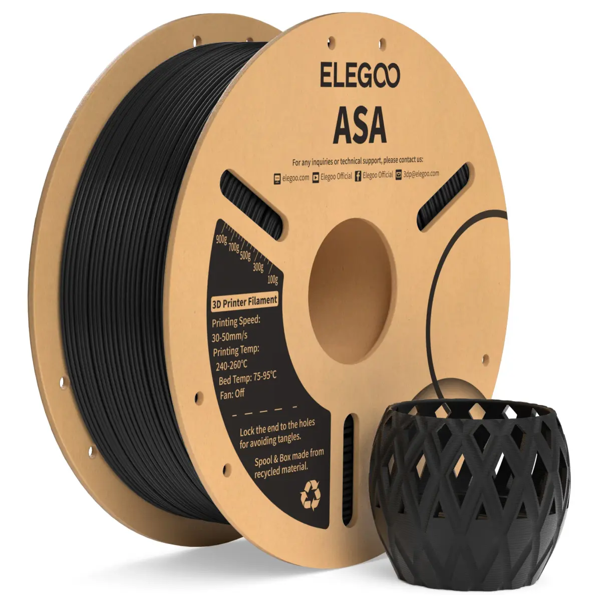 Filamento ASA ELEGOO 1.75mm 1KG, Resistente a UV e Intempéries, Filamento para Impressora 3D Perfeito para Peças Funcionais Externas 1KG Preto Branco