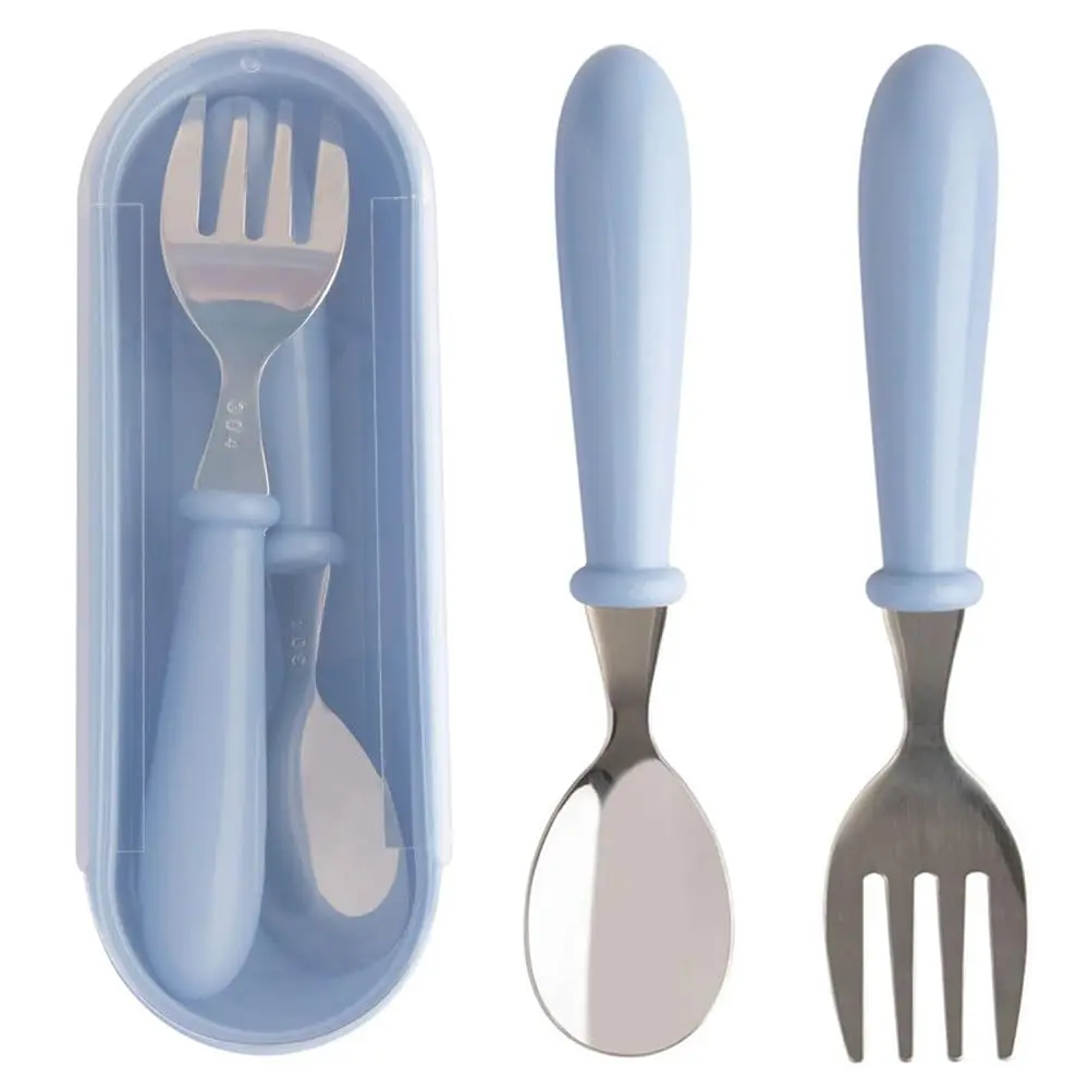 Jogo Talheres Colher Garfo Inox Infantil Kit Com Estojo Bebê Introdução Alimentar Passeios e Viagens Azul