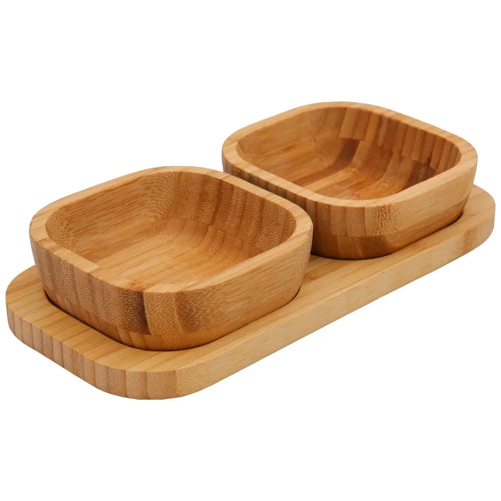 Mimo Style Jogo Petisqueira Ecokitchen Com Base - Conjunto Contém Dois Recepientes e Um Suporte; Produzido em Bambu Ecológico, Material Antibacteriano; Ideal para Servir Petiscos em Festas e Eventos