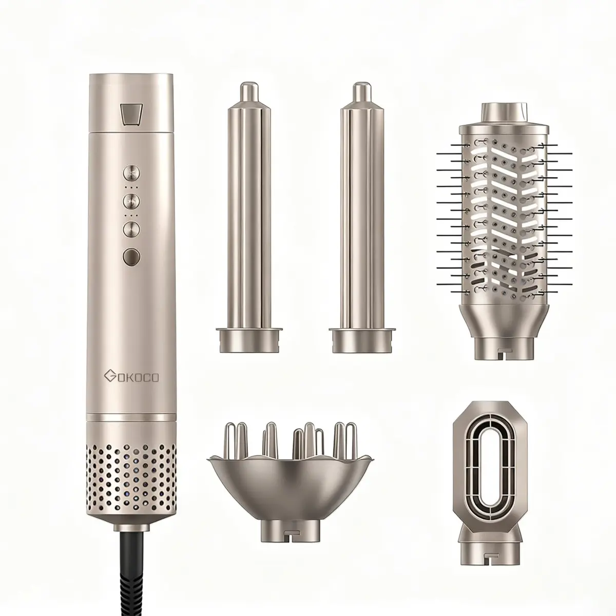 Secador de Cabelo 5 em 1 GOKOCO Profissional Bivolt 127-220V, 5 Ferramentas em 1, Escova Alisadora, Íons Negativos, Alta Velocidade, Dourado