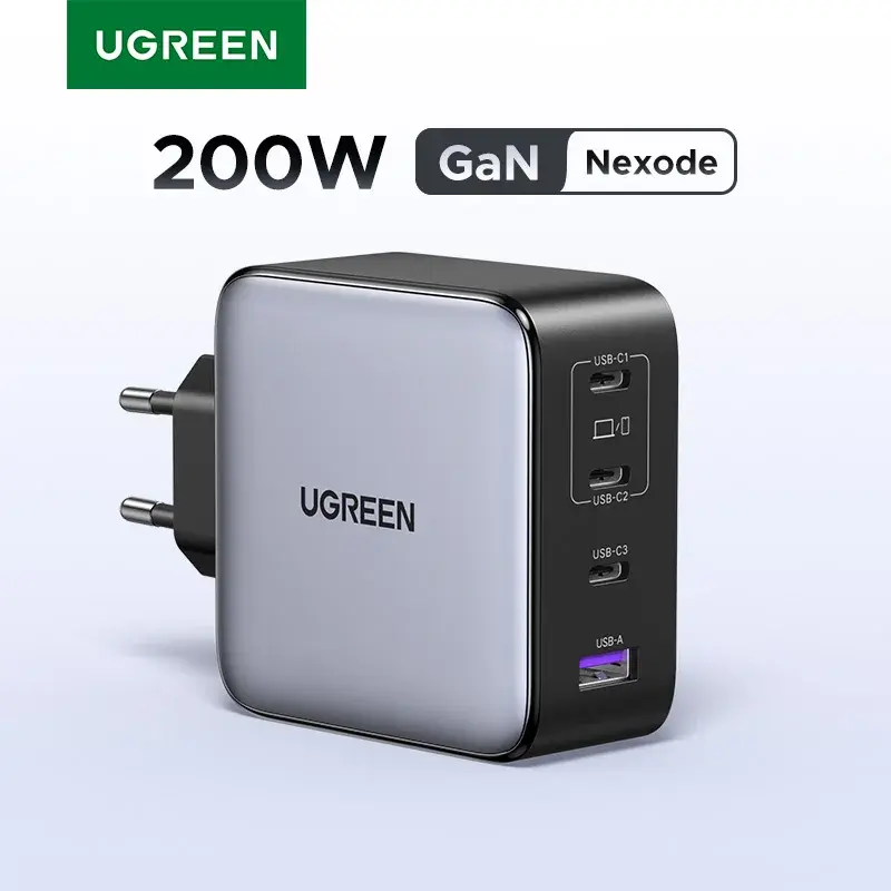 Carregador de viagem UGREEN 200W GaN PD 3.1 140W QC4.0 3.0 Carregamento rápido para Macbook Pro Laptops iPhone 18 17 Samsung S26 Xiaomi Tablet