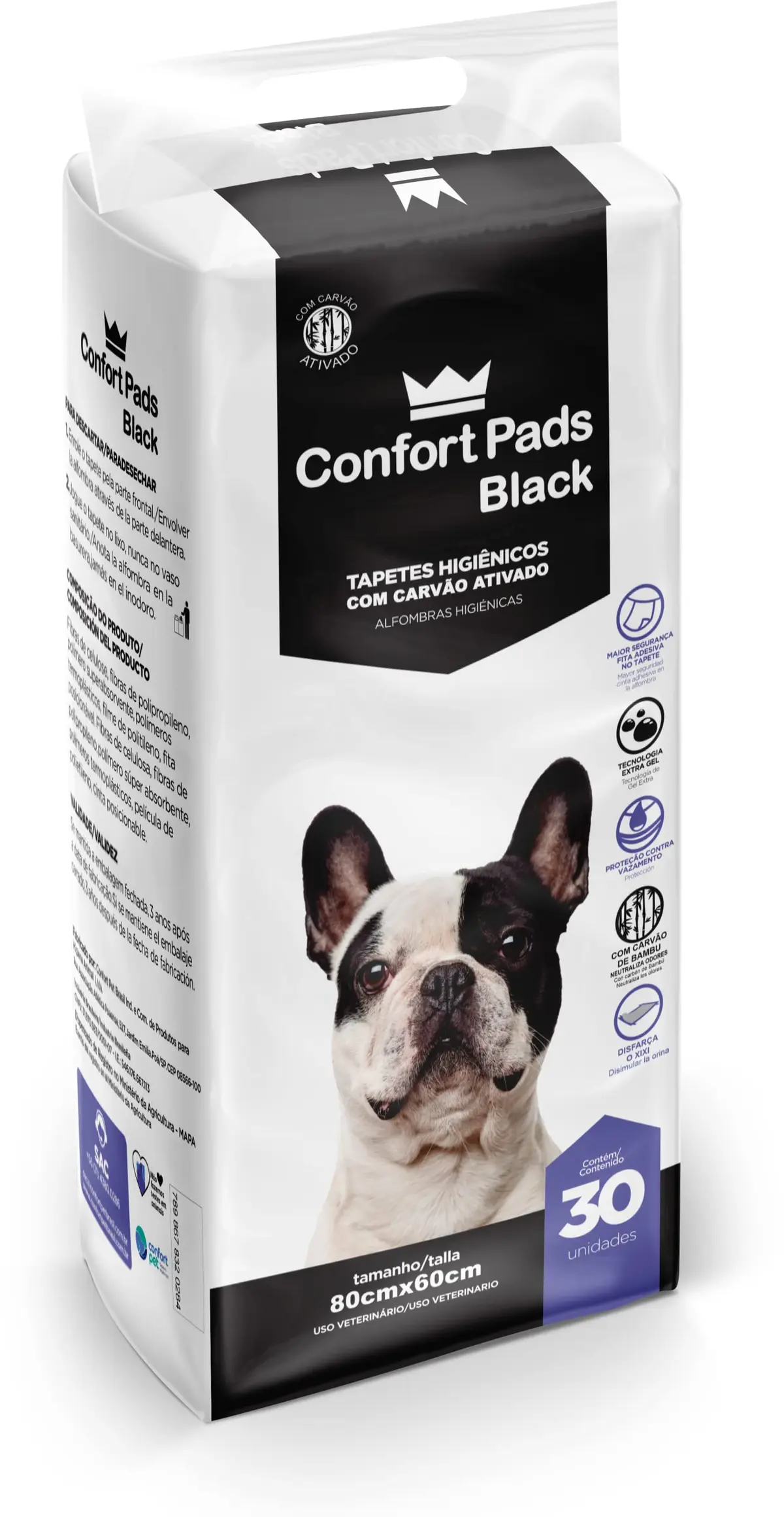 CONFORT PADS Tapete Higiênico Confort Pads Black 80X60 C/ 30 Unidades