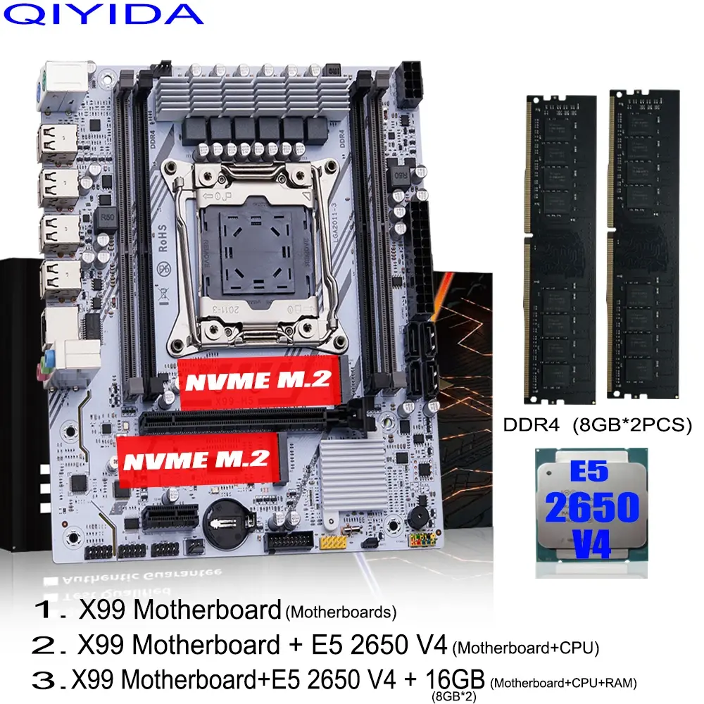 QIYIDA X99 Conjunto de placa-mãe Xeon LGA2011-3 E5 2650 V4 2pcs * 8gb = 16GB DDR4 RAM USB PCI 3.0 NVME M.2 SATA M-ATX - 1