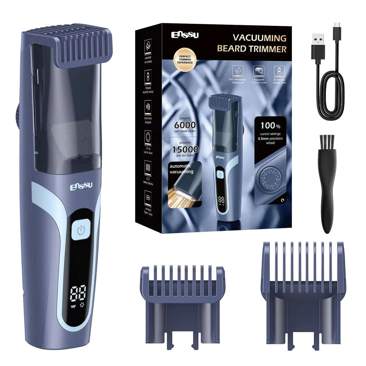 Enssu Aparador de Barba a Vácuo para Homens 20 Configurações de Comprimento | Maquina de Barbear com Sistema de Aspiração, IPX7 à Prova D'água, Recarregável por Cabo Type-C, Kit de Cuidados Sem Fio