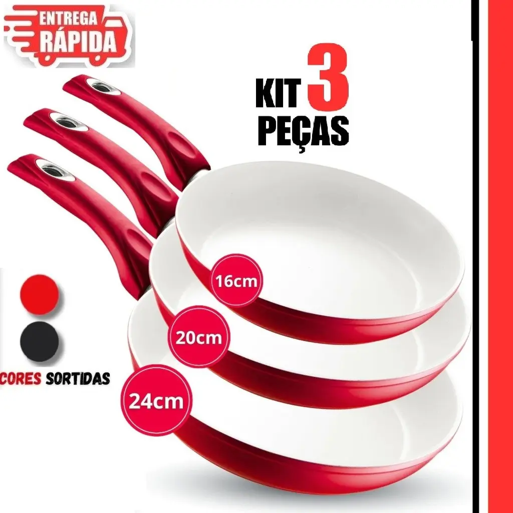 Kit 3/2/1 Frigideiras 16cm 20cm 24cm, em Cerâmica Antiaderentes Cabo Ergonômico Revestimento Cerâmico PRETO OU VERMELHO