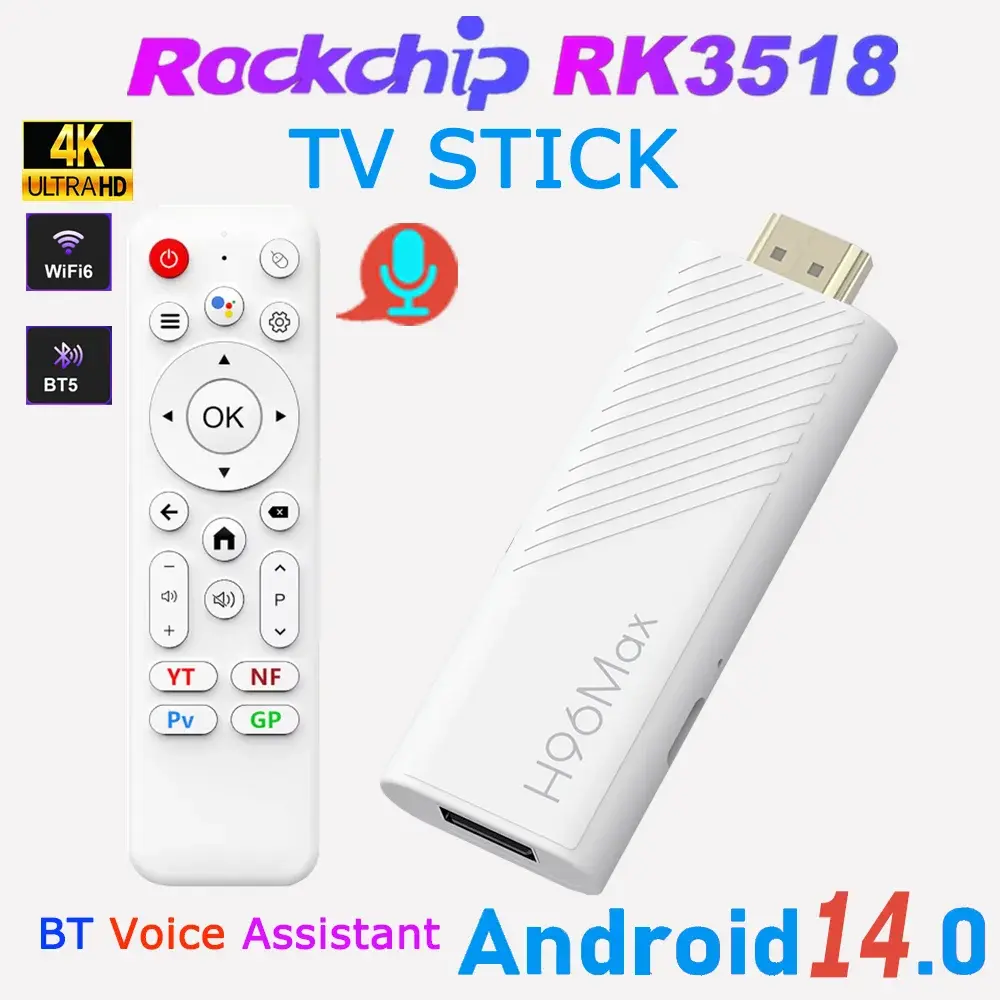 H96 Max RK3518 Android 14.0 TV Stick Quad Core 4K Wifi6 BT5.4 Controle Remoto com Assistente de Voz 2GB 16GB Smart TV Box