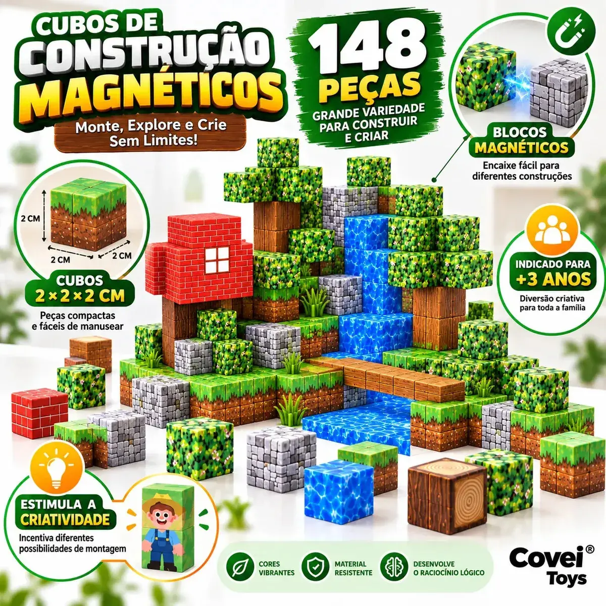 Kit 148 Blocos Imã Magnéticos Construção Montar Empilhamento Cubo Infantil Brinquedo Educativo Covei Toys - 1