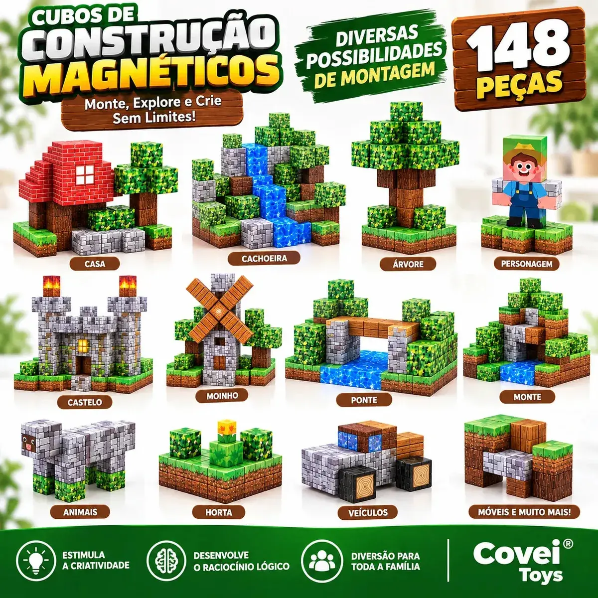 Kit 148 Blocos Imã Magnéticos Construção Montar Empilhamento Cubo Infantil Brinquedo Educativo Covei Toys thumbnail 2