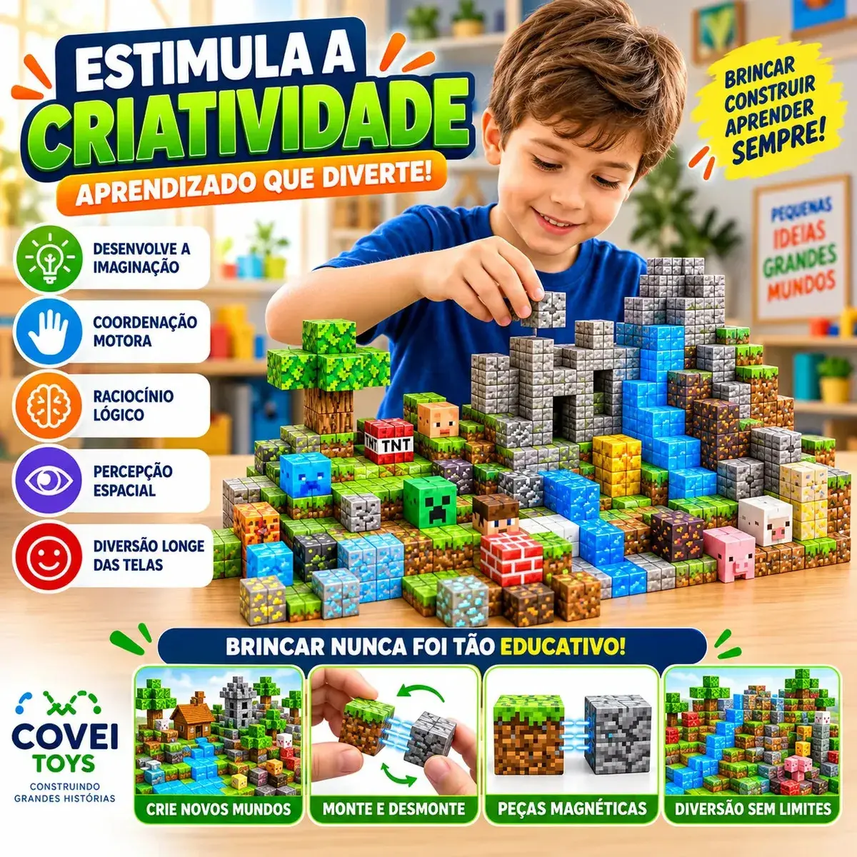 Kit 148 Blocos Imã Magnéticos Construção Montar Empilhamento Cubo Infantil Brinquedo Educativo Covei Toys thumbnail 3