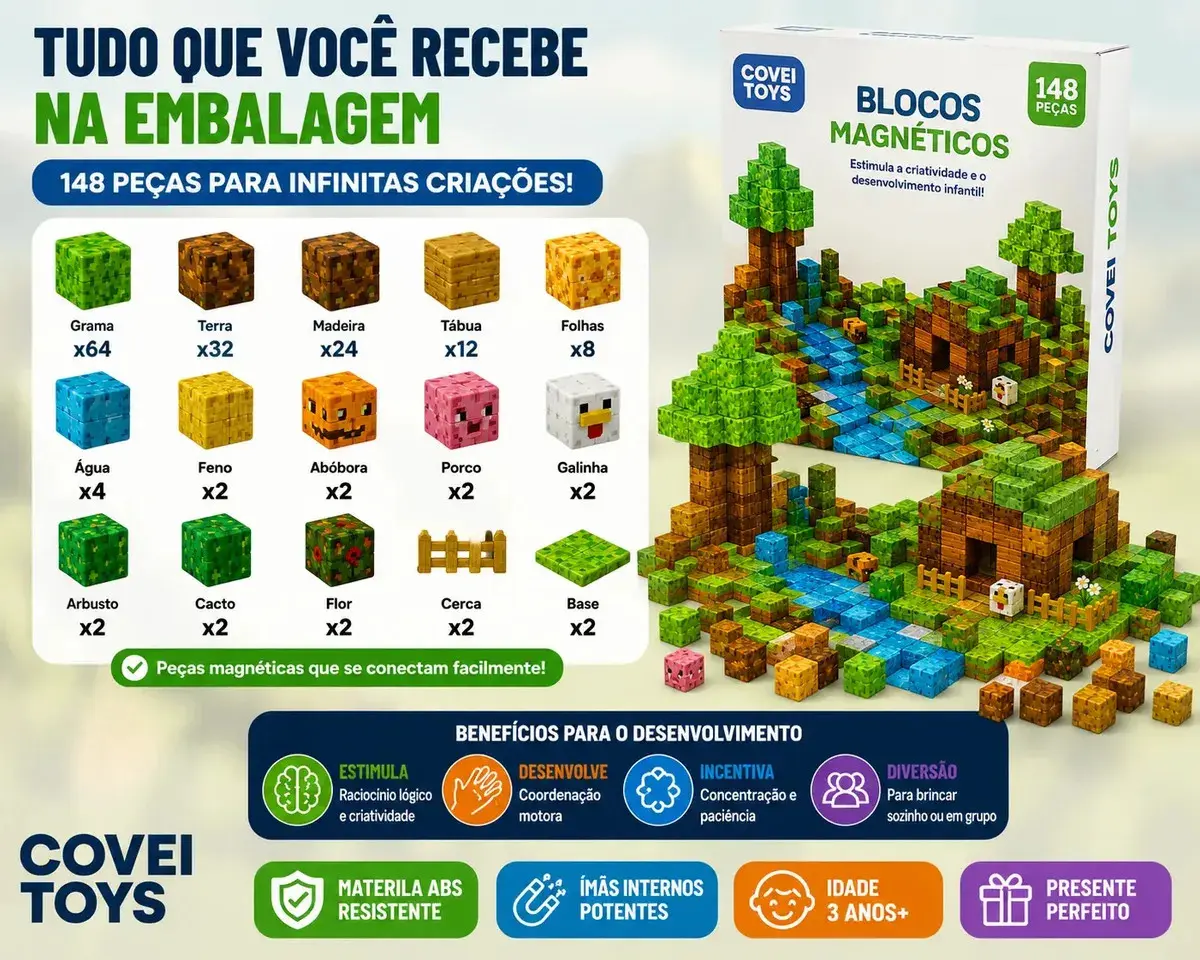 Kit 148 Blocos Imã Magnéticos Construção Montar Empilhamento Cubo Infantil Brinquedo Educativo Covei Toys thumbnail 4