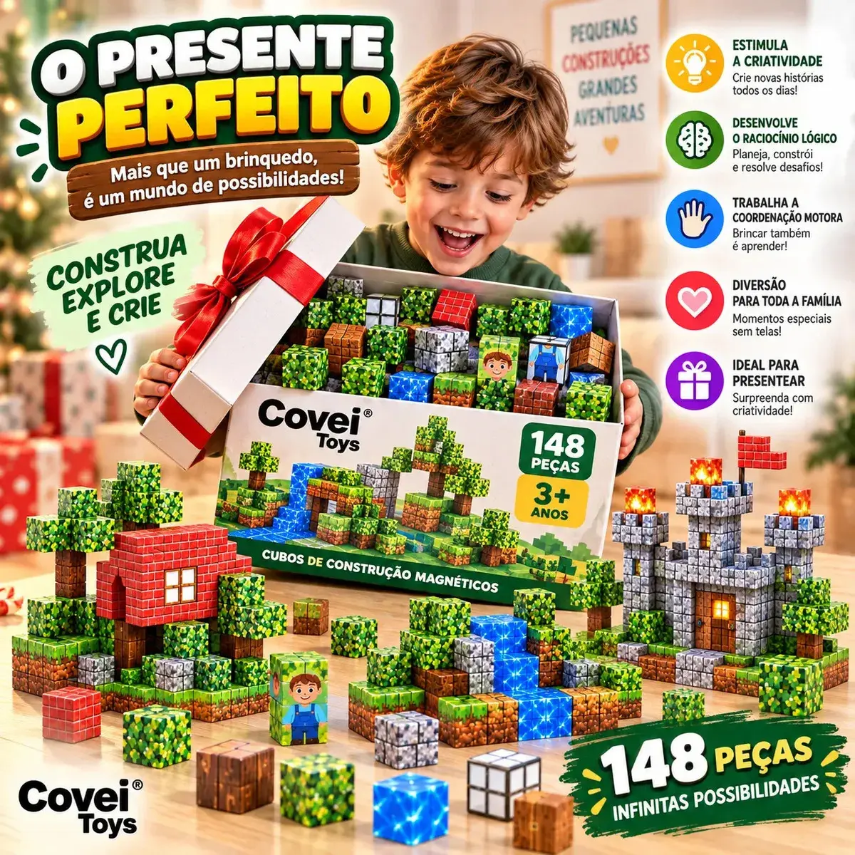 Kit 148 Blocos Imã Magnéticos Construção Montar Empilhamento Cubo Infantil Brinquedo Educativo Covei Toys thumbnail 5