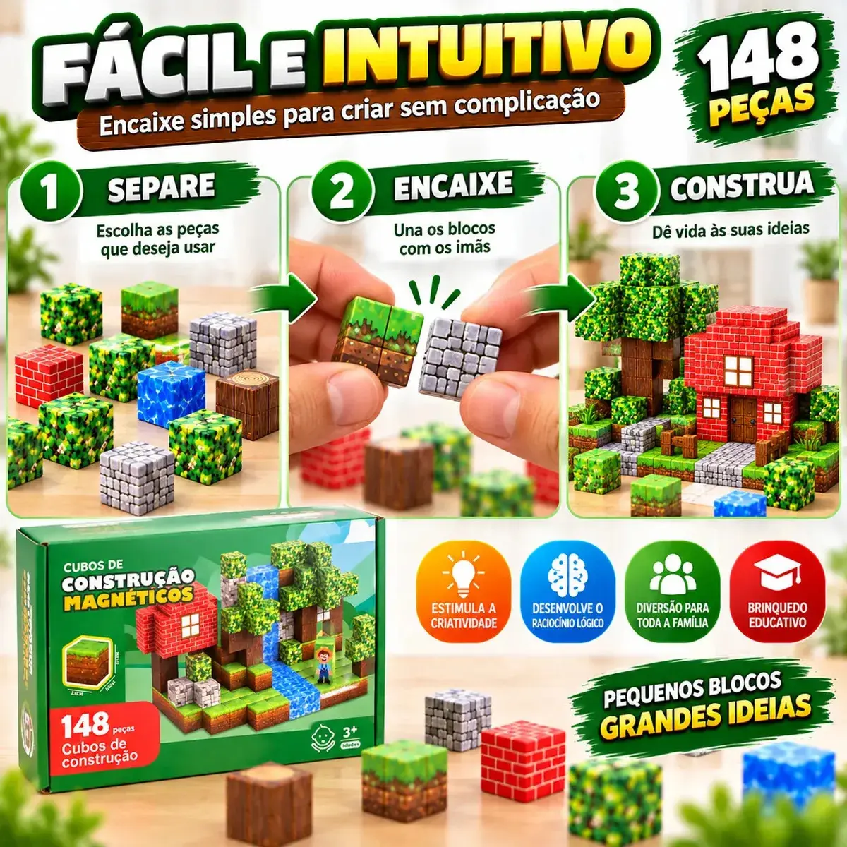 Kit 148 Blocos Imã Magnéticos Construção Montar Empilhamento Cubo Infantil Brinquedo Educativo Covei Toys thumbnail 7