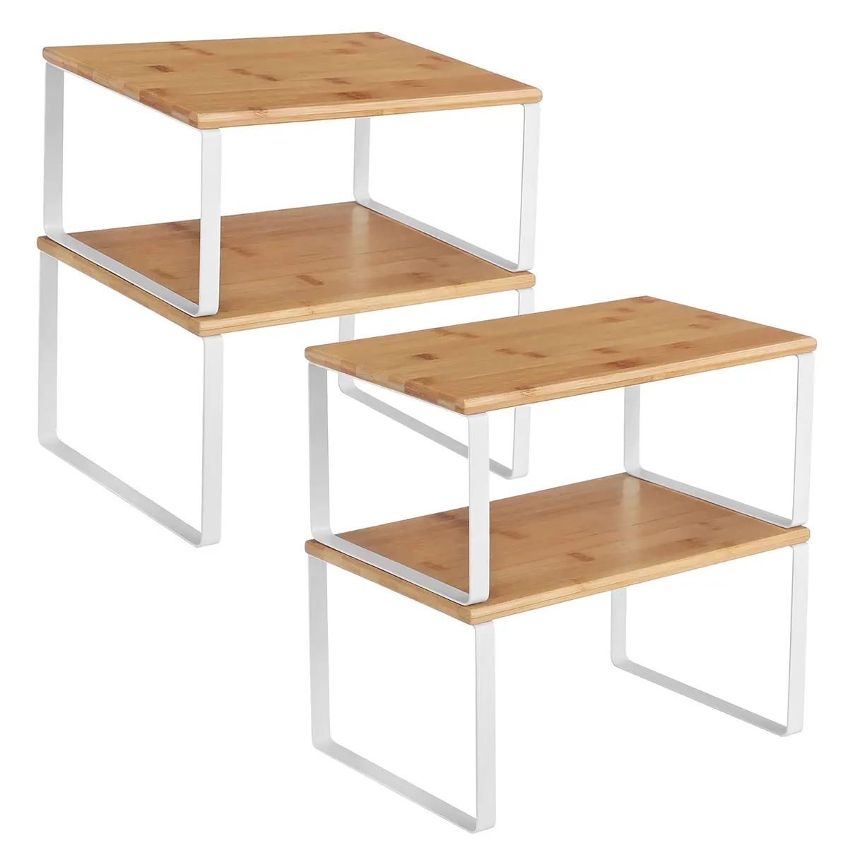 SONGMICS Organizadores de prateleira de armário, conjunto de 4 prateleiras de balcão de cozinha, empilháveis, estantes de especiarias expansíveis, metal e madeira projetada, branco e natural UKCS010N01