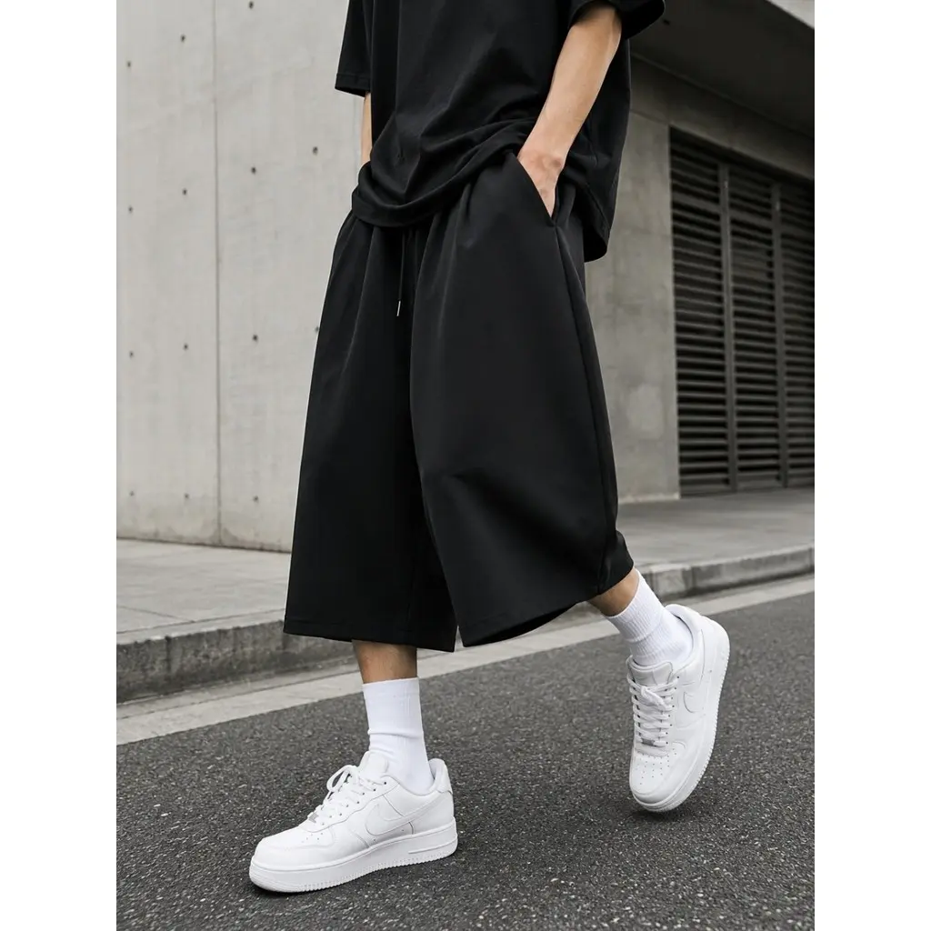 Bermuda Baggy Masculina Feminina Wide Leg Moletinho Lisa Oversized Streetwear Unissex Cós Elástico com Cordão