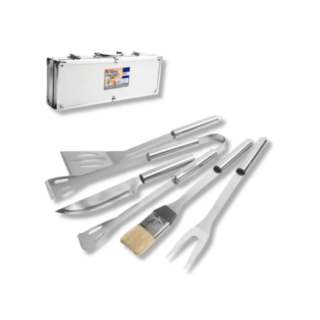 Conjunto de Utensílios para Churrasco em Aço Inoxidável — Pinça, Espátula, Faca, Garfo e Pincel com Estojo Elegante de Alumínio
