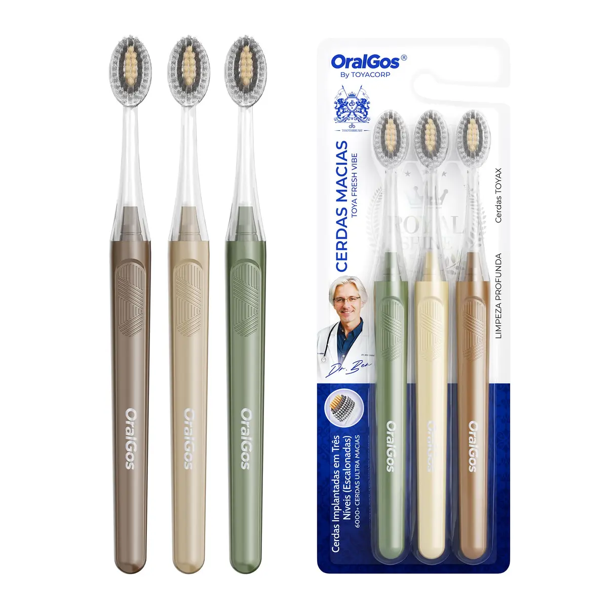OralGos Escova de Dente Macia 3 Unidades Bege+Café+Verde | Cerdas em Três Níveis, Limpeza Profunda da Boca, Cuidado Suave das Gengivas, Sensação de Frescor - 1