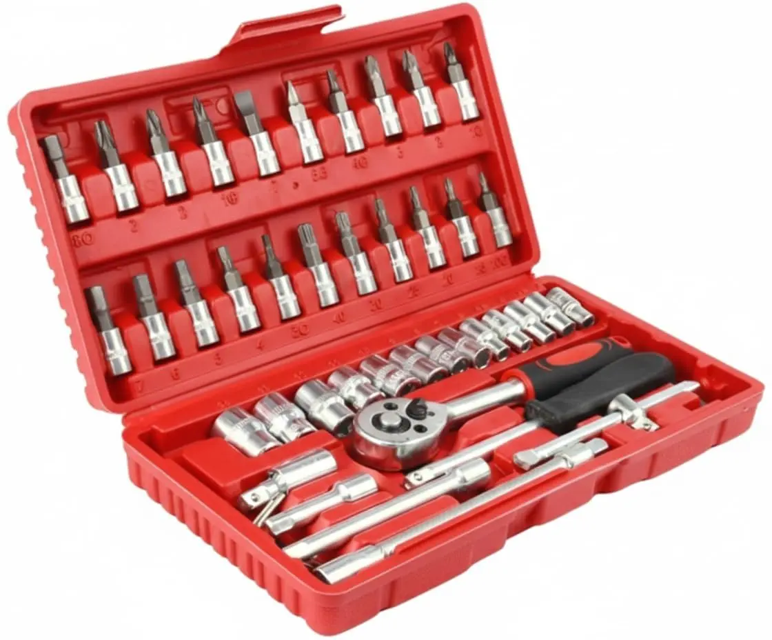 Kit Ferramentas 46 Peças Catraca 1/4 Profissional: Soquetes Allen Torx e Extensão. Completo p/Carro e Casa + Maleta (Vermelha)