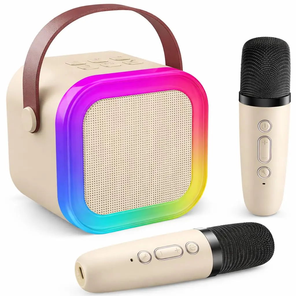 Caixa de Som Portátil Karaokê Bluetooth com 2 Microfones Sem Fio, Luz LED Colorida, para Crianças e Adultos (Bege) - 1