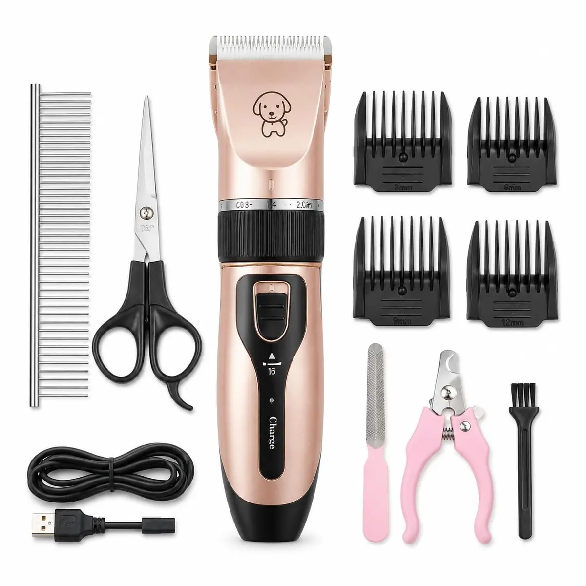 Kit Máquina de Tosa Pet em Uso em Casa para Cães e Gatos Silenciosa Sem Fio com 4 Pentes + Tesoura e Cortador