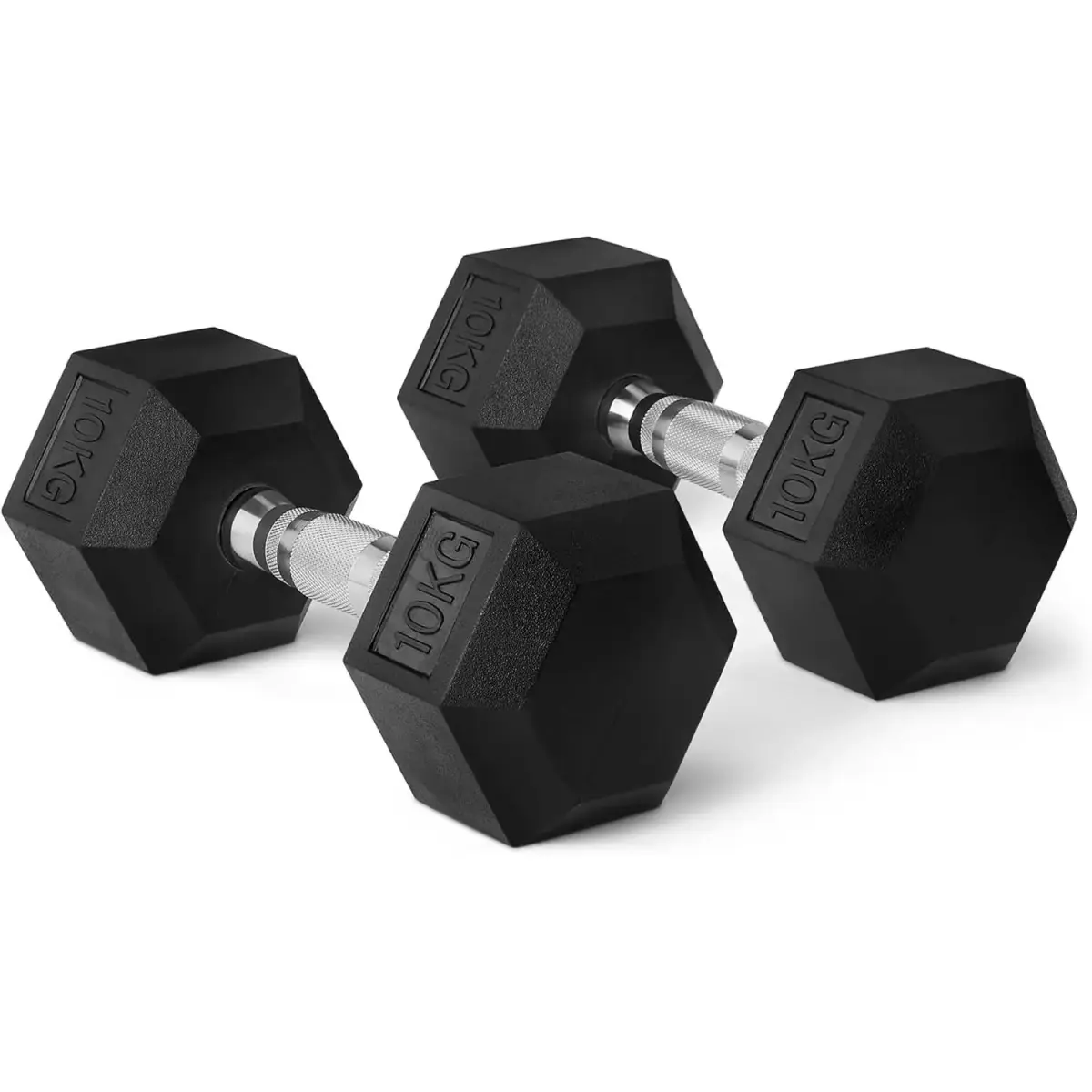 Halteres hexagonais ergonómicos com cabo cromado e revestimento de borracha. 2x2,5kg / 2x5kg / 2x7,5kg / 2x10kg / 2x12,5kg / 1x15kg / 1x17,5kg / 1x20kg / 1x25kg