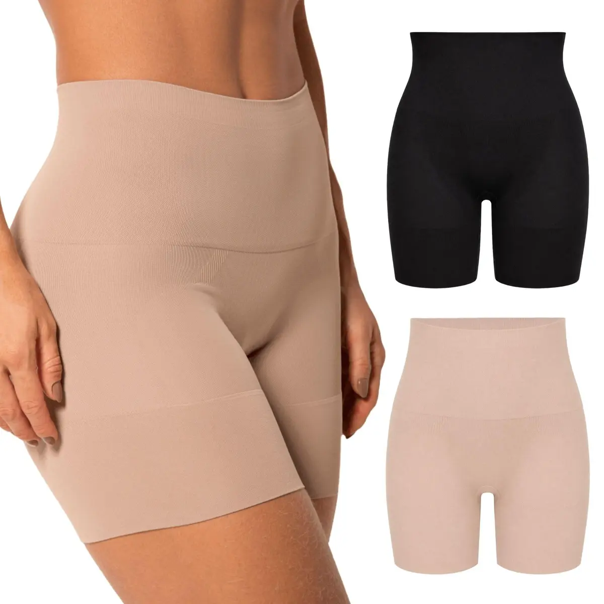 TRIFIL Kit 2 Bermudas Modeladora Alta Compressão Reduz Medidas AF Cós Alto Sem Costura, 1 Macadâmia - 1 Preto, M