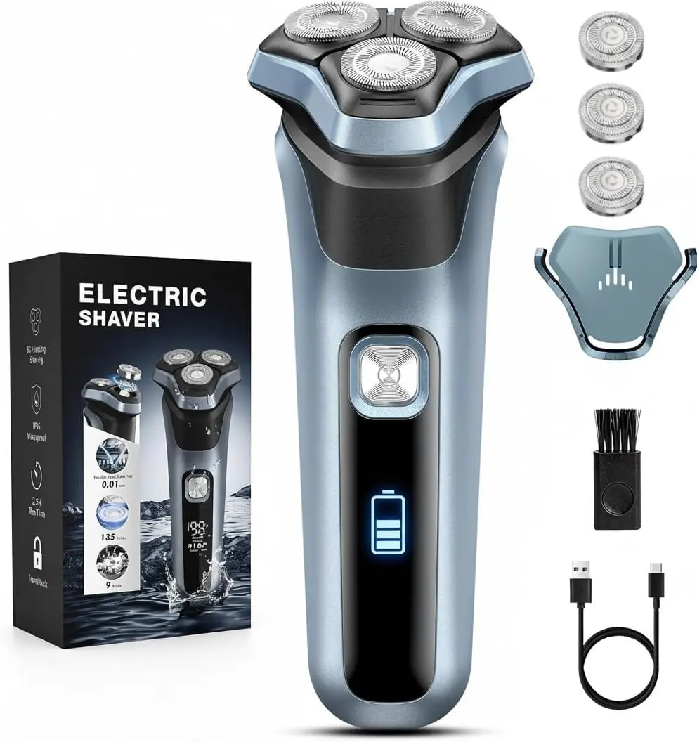 Barbeador Elétrico Masculino 4D Recarregável, Seco e Molhado Pele Sensível | Sistema Rotativo 4D com Aparador, Mais de 90 Minutos de Autonomia e Trava para Viagem; Ideal para Pele Sensível - 1