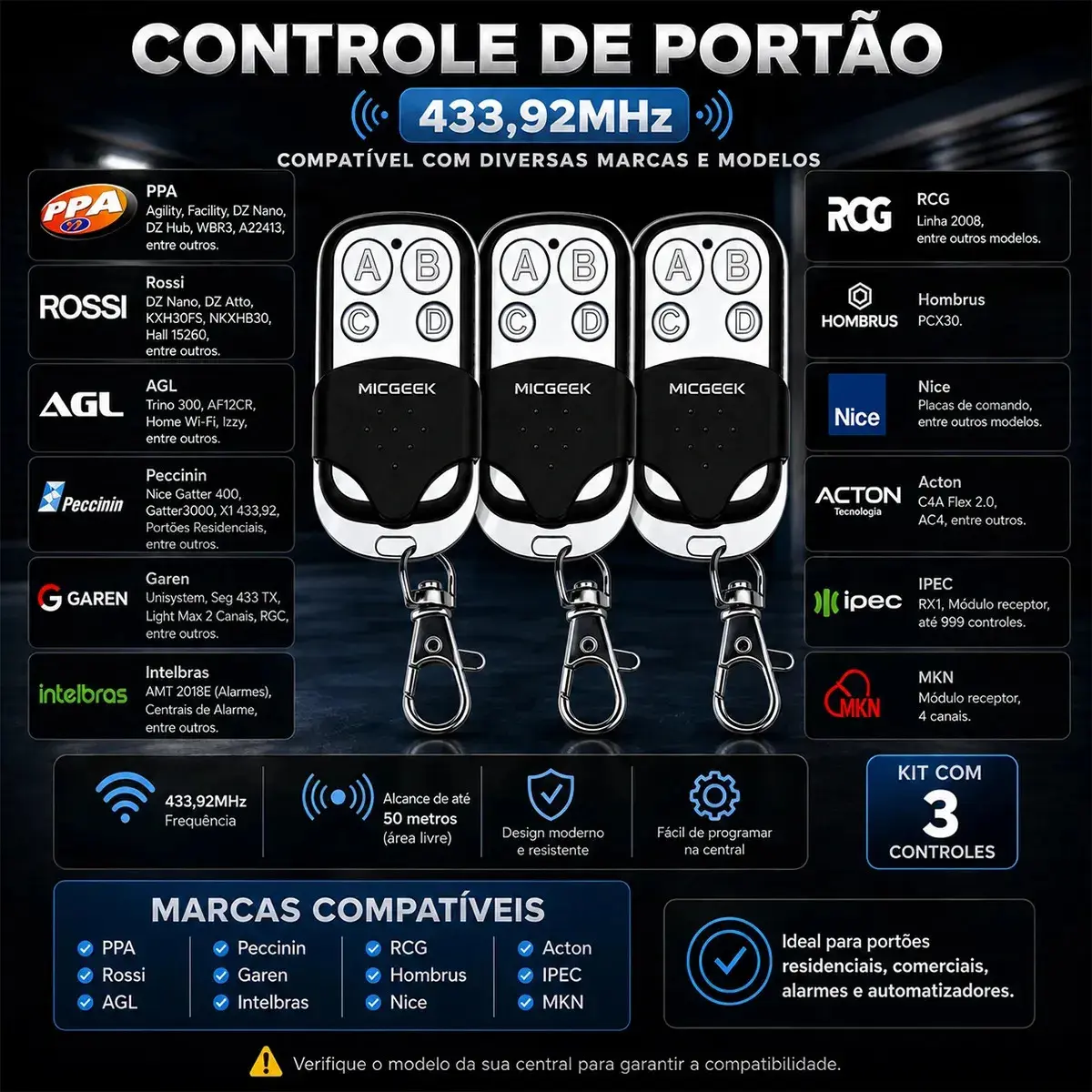 Kit 3 Controle Remoto Universal 4 Botões Para Portão Eletrônico Automatico Alarme Cerca Elétrica 433mhz Micgeek thumbnail 2
