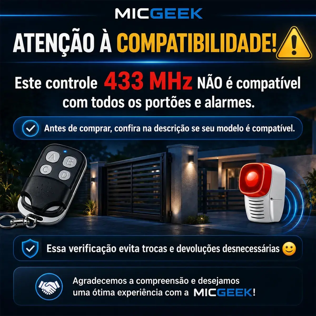 Kit 3 Controle Remoto Universal 4 Botões Para Portão Eletrônico Automatico Alarme Cerca Elétrica 433mhz Micgeek thumbnail 3