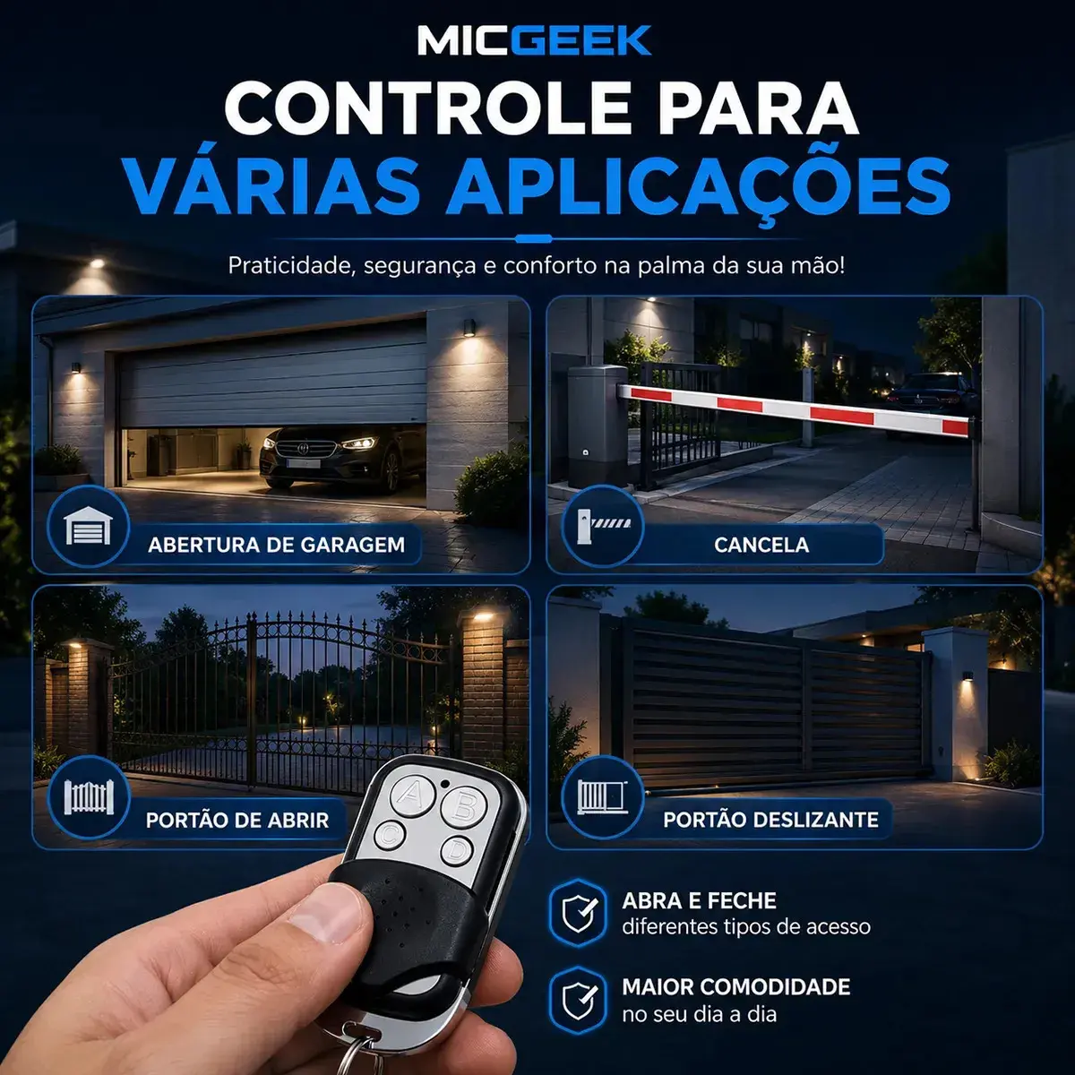 Kit 3 Controle Remoto Universal 4 Botões Para Portão Eletrônico Automatico Alarme Cerca Elétrica 433mhz Micgeek thumbnail 4