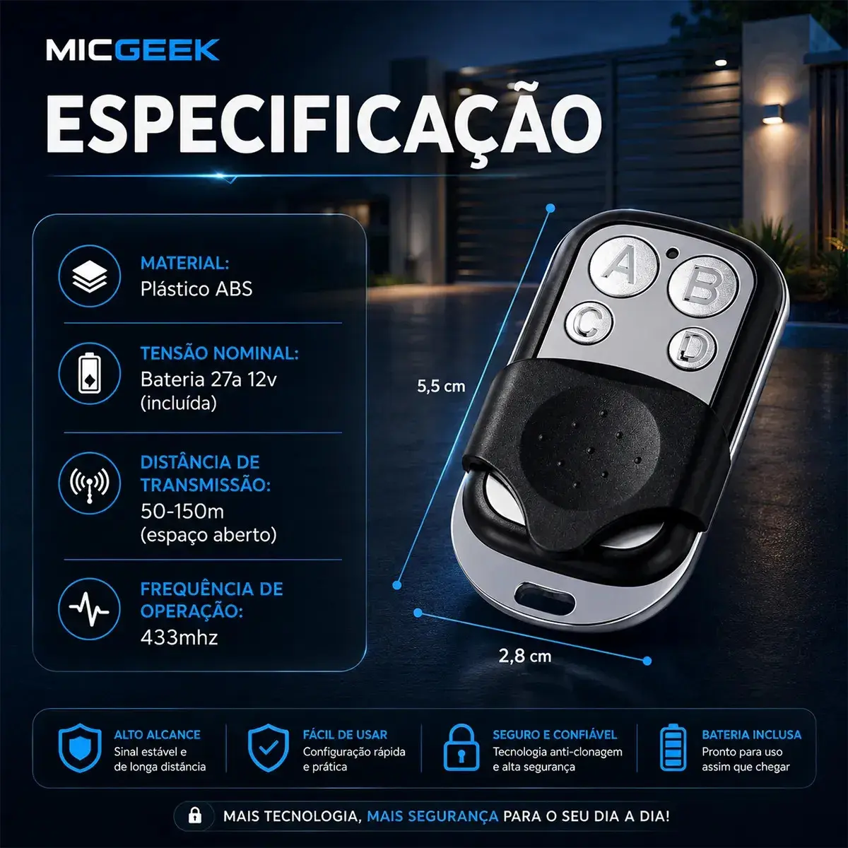 Kit 3 Controle Remoto Universal 4 Botões Para Portão Eletrônico Automatico Alarme Cerca Elétrica 433mhz Micgeek thumbnail 5
