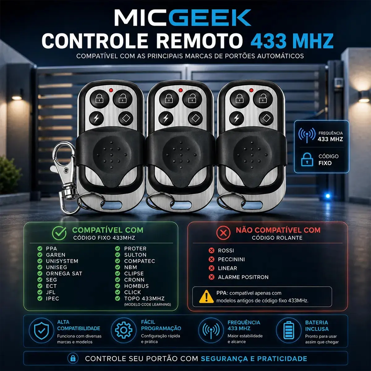 Kit 3 Controle Remoto Universal 4 Botões Para Portão Eletrônico Automatico Alarme Cerca Elétrica 433mhz Micgeek thumbnail 8