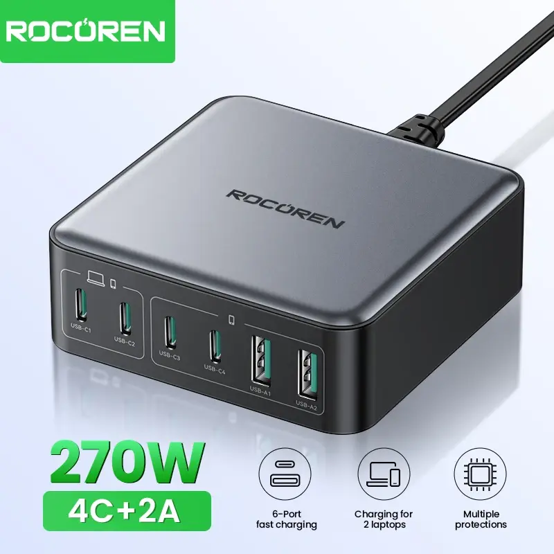 Rocoren 200W GaN Carregador PD Carregamento Rápido USB Tipo C Carregador 270W 6 em 1 Estação de Energia USBC Para iPhone 16 15 Pro Max Xiaomi 14